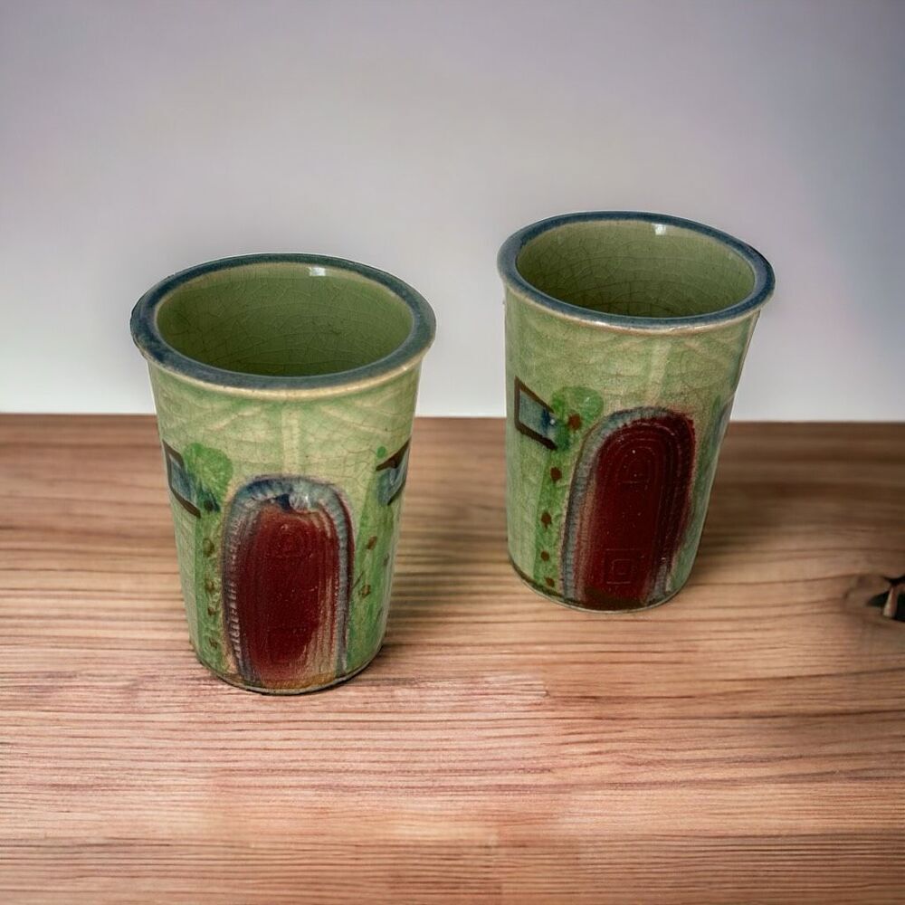 Vintage Ceramic Crackle Glaze Sake Glasses Japan